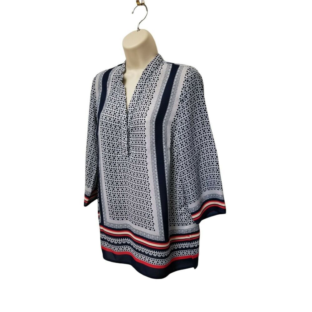 Adrienne Vittadini Women's Size Small Popover Printed Shirt Top Navy Blue/Red - Picture 5 of 7